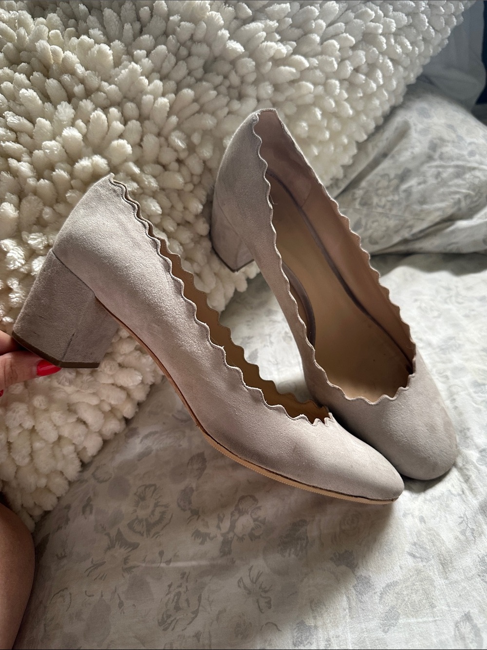 Chloe Lauren Gray Women's Scalloped Block Heel Pumps in Light Taupe